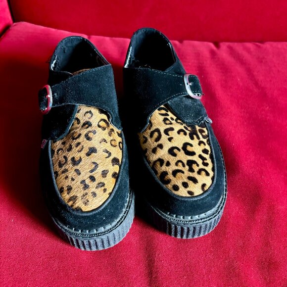 T.U.K. Black and Leopard Monk Buckle Round Toe Creeper - Picture 2 of 3